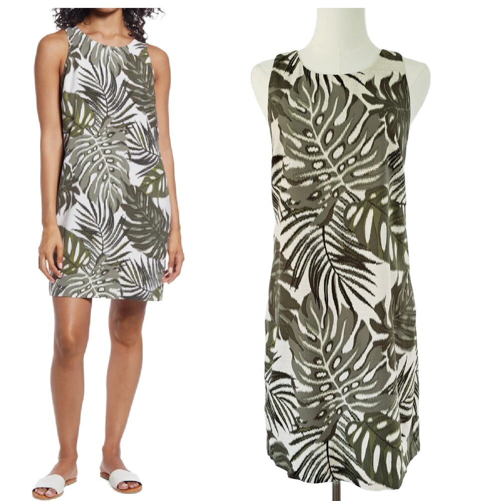 TOMMY BAHAMA Safari Bliss Silk Sleeveless Shift Dress Size XS Palm Leaf Olive